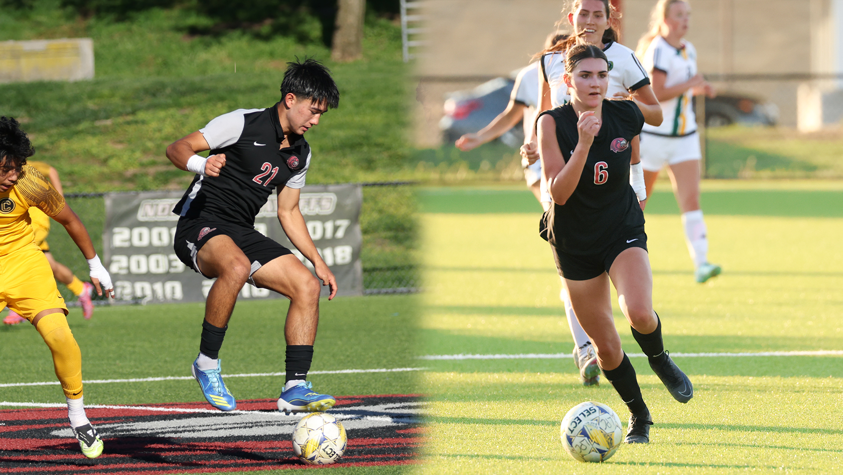 Members of mens and womens team dribble the ball